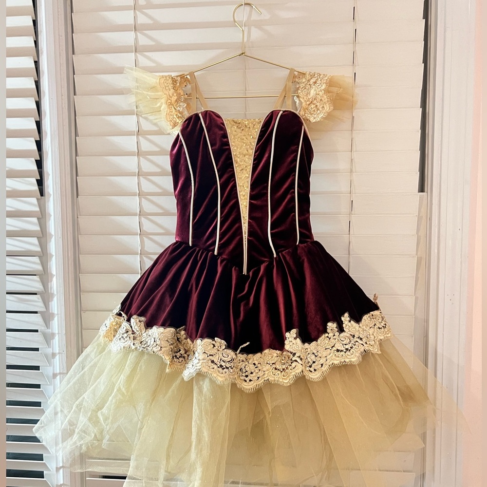 Ballet costume. Fits petite. Burgundy and gold color. Has nice gold detailing.